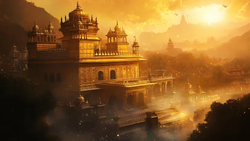 Golden temple city in hazy sunset over river valley.