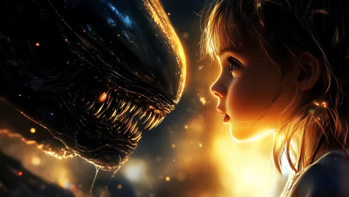 Cinematic digital painting of child confronting alien creature.