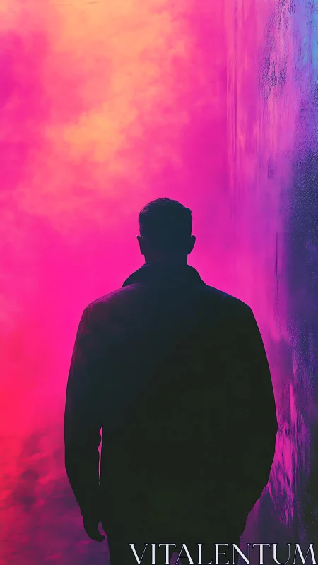 Silhouette of standing figure before vivid neon fog wall.