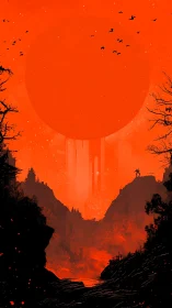 Crimson giant sun over lone rider in burning canyon