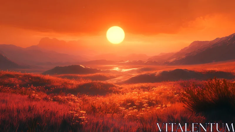 Fiery sunset over glowing wildflower valley and hills.