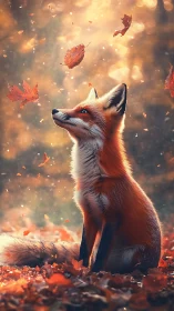 Red fox watches drifting autumn leaves in golden light.