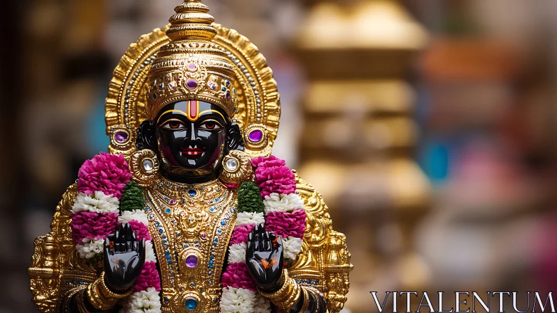 Photographic close-up of ornate Hindu deity sculpture in gold.