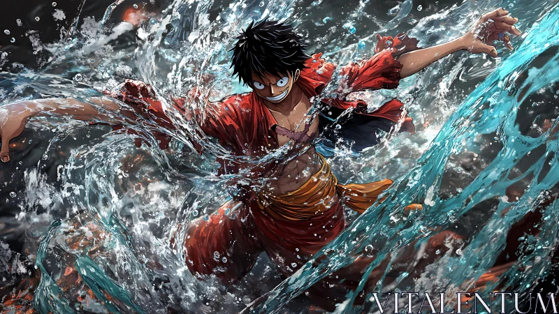 Storm-swept anime hero dives through crashing ocean waves