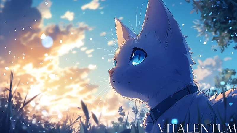 Backlit white cat studies luminous dusk sky in anime style