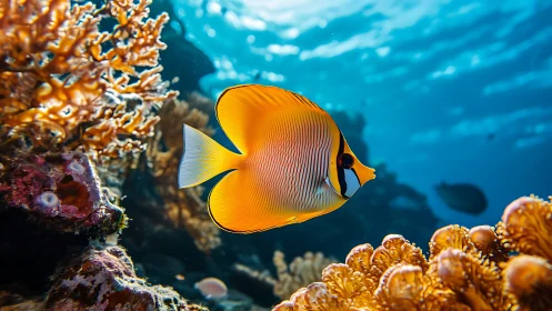 Sunlit butterflyfish glides through coral canyons in gold.