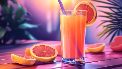 Grapefruit Citrus Beverage with Straw in Gradient Lighting