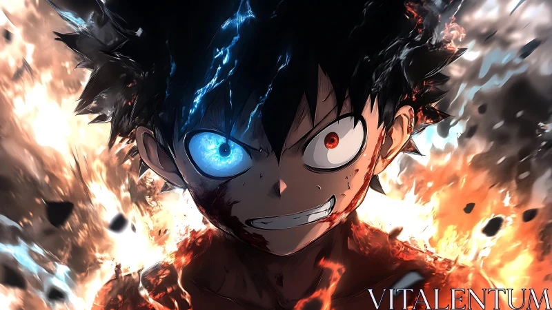 Bicolored-eyed anime warrior emerges amid explosive inferno