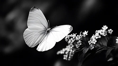 Monochrome butterfly hovers over delicate wildflower cluster.