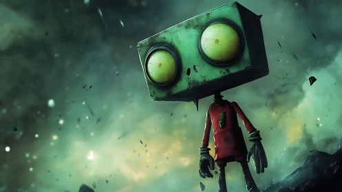 Box-headed robot character in green cosmic debris field.