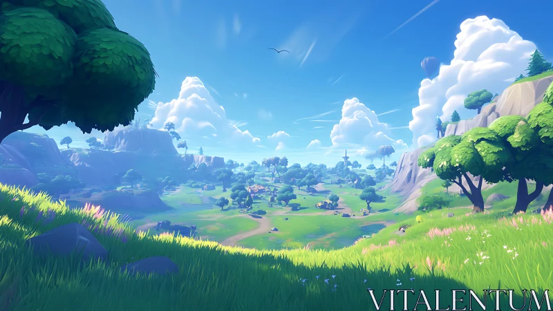 Digital stylized valley landscape extends under clear sky