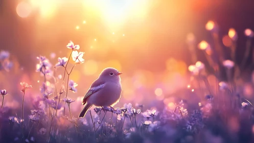 Dreamy songbird perched in wildflowers at sunrise, soft focus style.