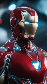 Armored red exosuit portrait rendered in hyperreal 3D lighting