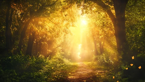 Sunlit forest path with golden morning light streaming in.