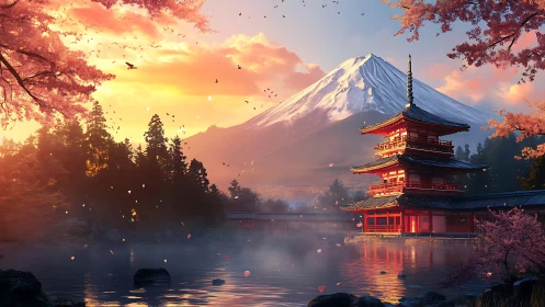 Sunlit pagoda beside tranquil lake under snowcapped mountain.