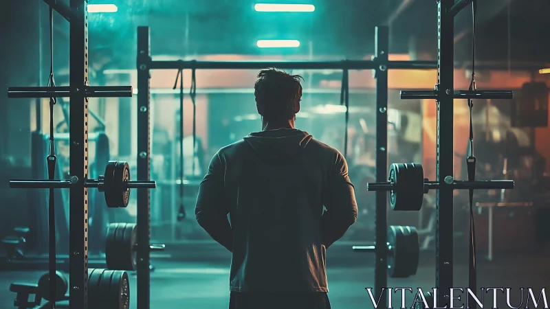 Focused athlete in dimly lit weightlifting gym interior.