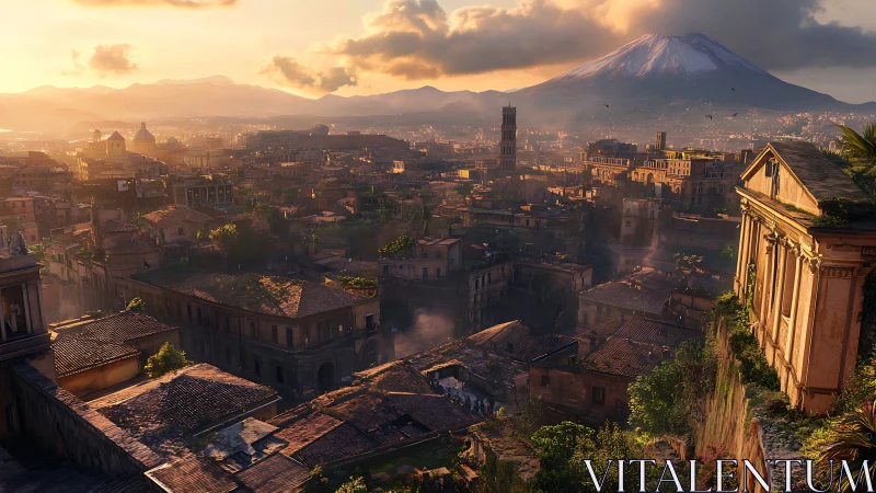 Sunlit ancient cityscape beneath smoking volcanic peak.