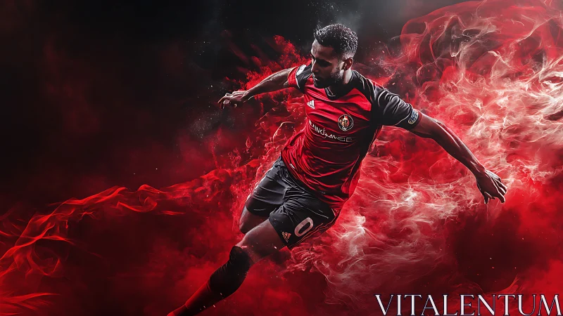 Football player in red-black kit runs through red smoke field