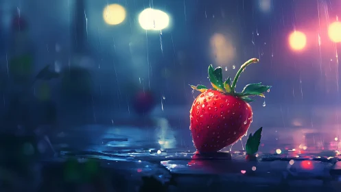 Lone strawberry gleams on wet city street under neon rain