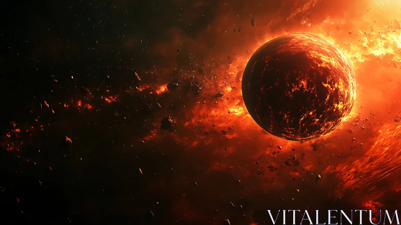 Molten planet drifts through blazing cosmic debris field.