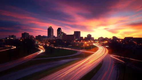Glowing city skyline welcomes the evening with streaming lights