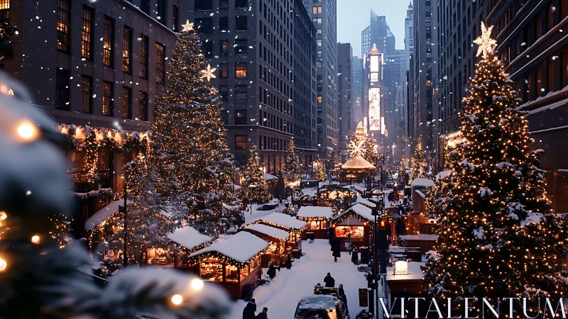 Snow-covered urban street market with illuminated trees.