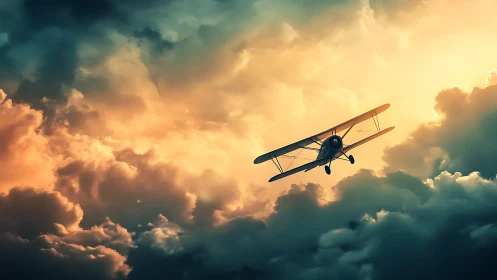 Vintage biplane flies through dramatic sunset storm clouds.