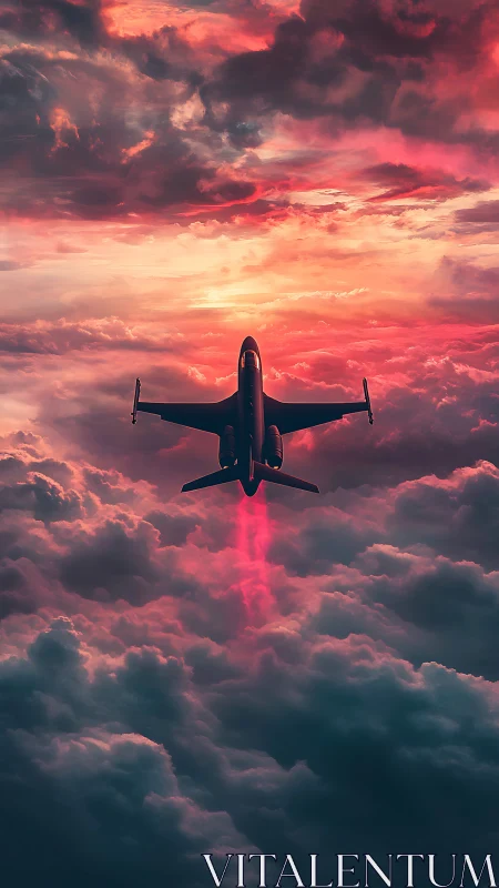 Jet aircraft viewed from above against red cloudscape sky.