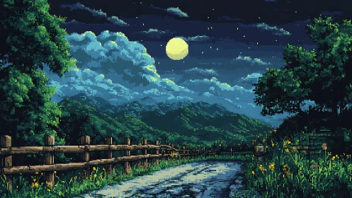 Moonlit pixel road winding through emerald mountain silence.