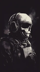 Tactical skull soldier portrait in stark monochrome armor.