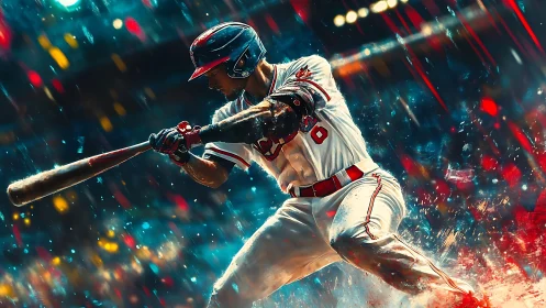 Baseball hitter swings under stadium lights in dynamic rain