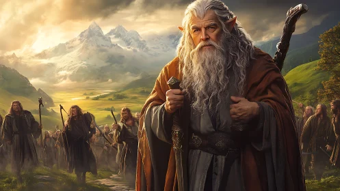 Kindly elven wizard leading travelers through misty peaks.