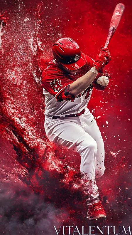 Baseball slugger explodes through a storm of red energy
