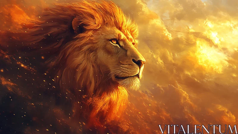 Golden dusk lion drifting through sunlit clouds.
