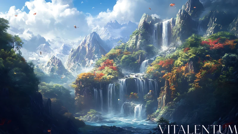Waterfalls tumble through a dreamlike valley of glowing peaks