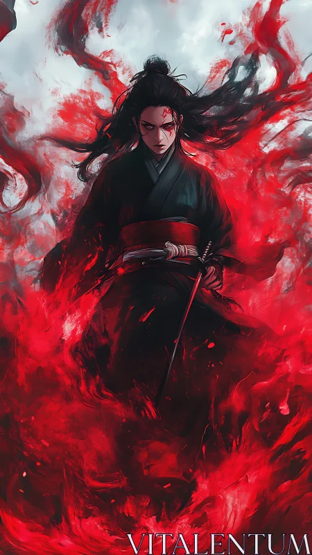 Blood-red storm crowns the vengeful samurai in swirling flame
