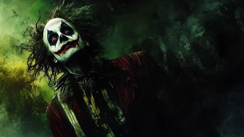 Tormented clown portrait in toxic green atmospheric haze