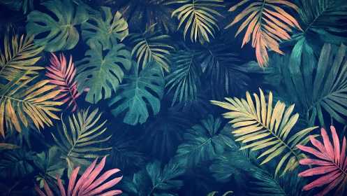 Tropical leaves whisper neon secrets across midnight blue