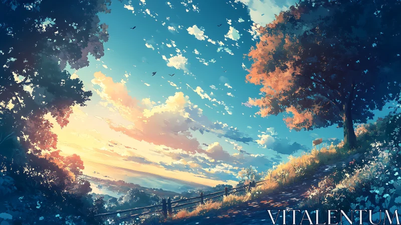 Hillside path leans into a glowing sky of drifting daydreams.