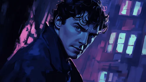 Moody blue portrait studies a neon city at midnight