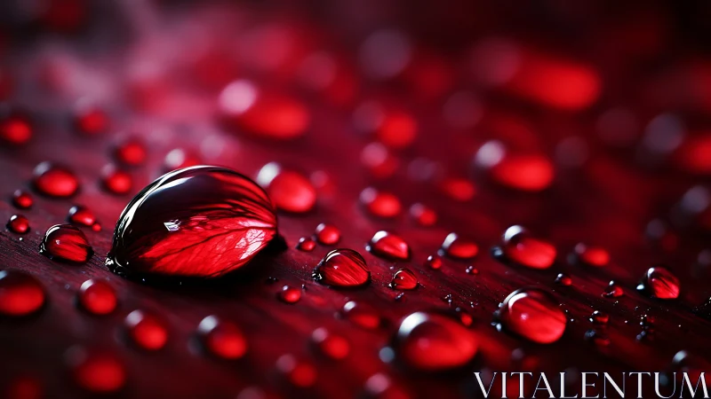 Macro water droplets on glossy red surface with reflections