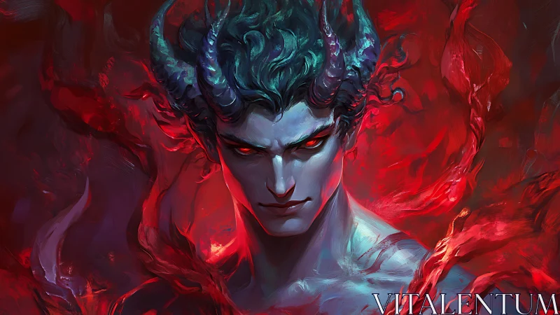 Midnight horned sorcerer wrapped in swirling crimson fire.