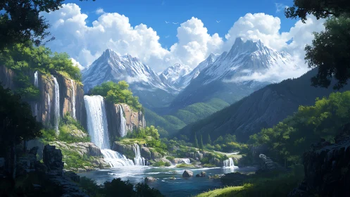 Sunlit waterfalls and distant peaks in a quiet valley.