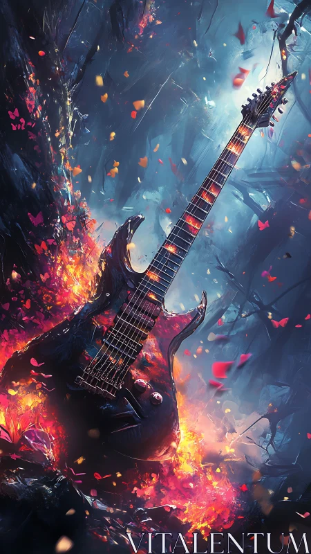 Electric guitar rises from flaming forest floor in vivid twilight