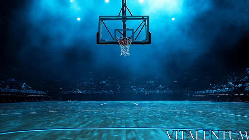 Lone basketball hoop glows over a misty, expectant court