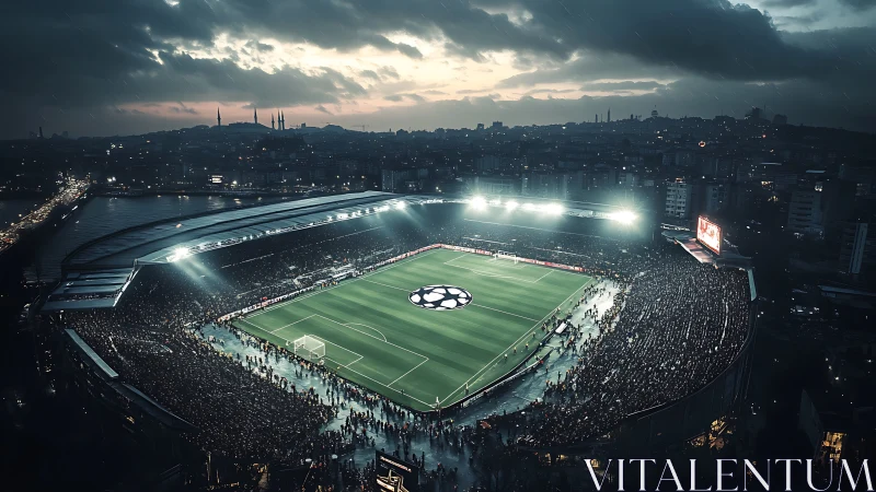 Floodlit football stadium under stormy dusk sky with dense crowd