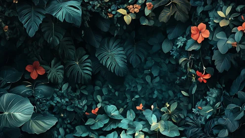 Nocturnal tropical foliage matrix with saturated hibiscus accents.