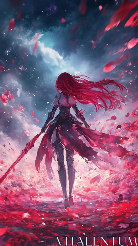 Armored figure with red sword amid swirling petals landscape.