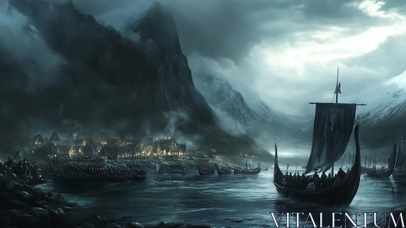 Viking longships approach fjord settlement under storm-laden sky