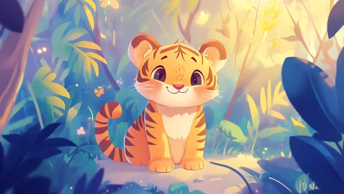 Sunlit jungle path with adorable stylized tiger cub character.